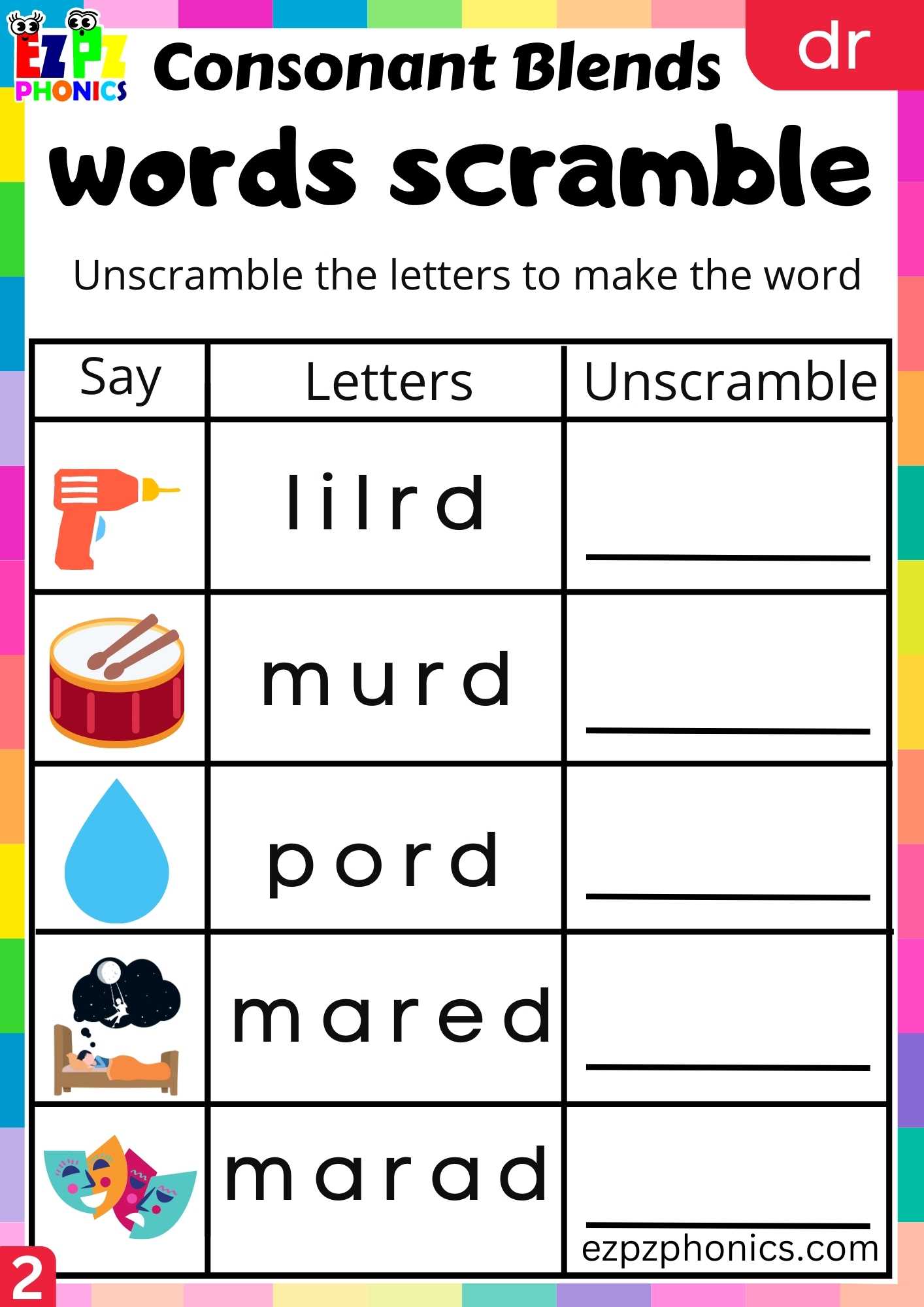 Group2 DR Words Words Scramble Phonics Consonant Blends Worksheet